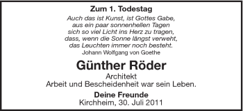 Traueranzeige von Günther Röder von Schwäbische Post