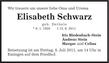 Traueranzeige von Elisabeth Schwarz von Schwäbische Post