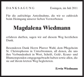 Traueranzeige von Magdalena Wiedmann von Schwäbische Post