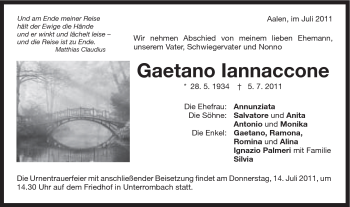 Traueranzeige von Gaetano Iannaccone von Schwäbische Post