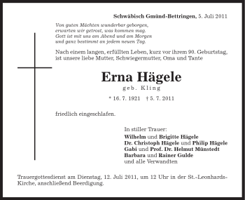 Traueranzeige von Erna Hägele von Gmünder Tagespost
