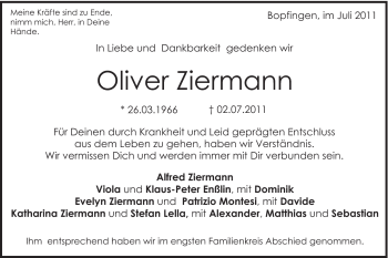 Traueranzeige von Oliver Ziermann von Schwäbische Post