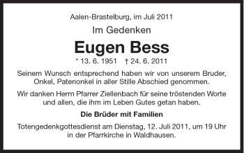 Traueranzeige von Eugen Bess von Schwäbische Post