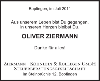 Traueranzeige von Oliver Ziermann von Schwäbische Post
