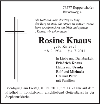 Traueranzeige von Rosine Knaus von Gmünder Tagespost