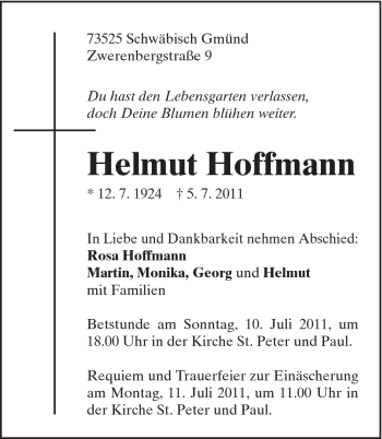 Traueranzeige von Helmut Hoffmann von Gmünder Tagespost