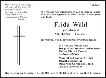 Traueranzeige von Frida Wahl von Gmünder Tagespost