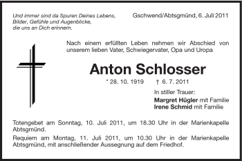 Traueranzeige von Anton Schlosser von Schwäbische Post