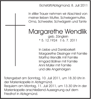 Traueranzeige von Margarethe Wendlik von Schwäbische Post