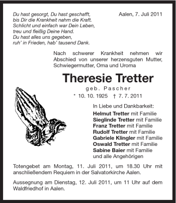 Traueranzeige von Theresie Tretter von Schwäbische Post