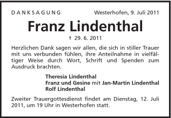 Traueranzeige von Franz Lindenthal von Schwäbische Post