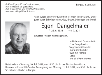 Traueranzeige von Egon Dangelmaier von Gmünder Tagespost
