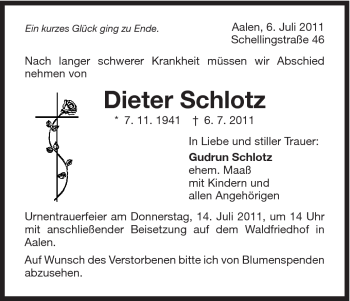Traueranzeige von Dieter Schlotz von Schwäbische Post