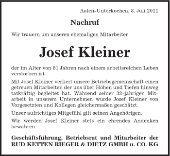 Traueranzeige von Josef Kleiner von Schwäbische Post