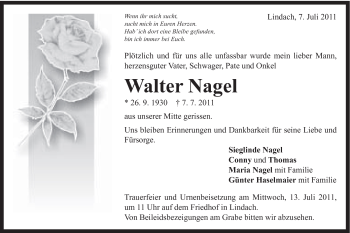 Traueranzeige von Walter Nagel von Gmünder Tagespost