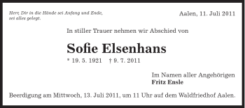 Traueranzeige von Sofie Elsenhans von Schwäbische Post