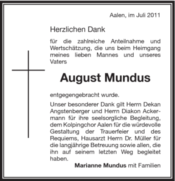 Traueranzeige von August Mundus von Schwäbische Post