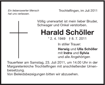 Traueranzeige von Harald Schöller von Schwäbische Post