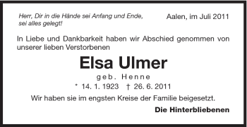 Traueranzeige von Elsa Ulmer von Schwäbische Post