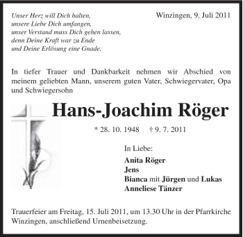 Traueranzeige von Hans-Joachim Röger von Gmünder Tagespost
