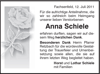 Traueranzeige von Anna Schiele von Schwäbische Post