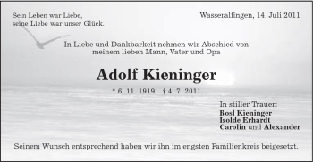 Traueranzeige von Adolf Kieninger von Schwäbische Post