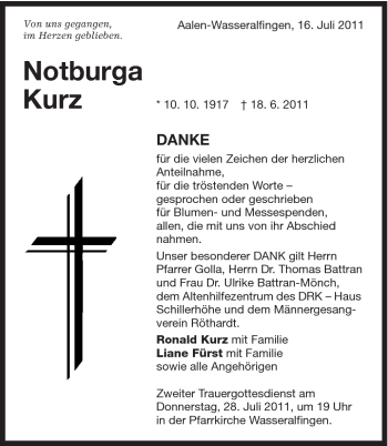 Traueranzeige von Notburga Kurz von Schwäbische Post