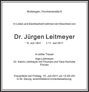 Traueranzeige von Jürgen Leitmeyer von Gmünder Tagespost