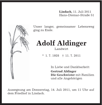 Traueranzeige von Adolf Aldinger von Gmünder Tagespost