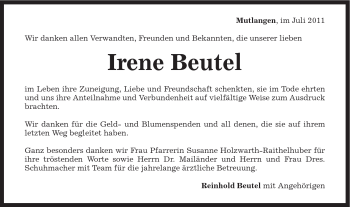 Traueranzeige von Irene Beutel von Gmünder Tagespost