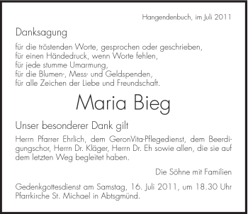 Traueranzeige von Maria Bieg von 088