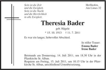 Traueranzeige von Theresia Bader von Gmünder Tagespost