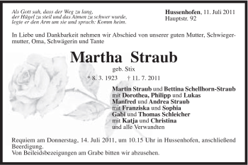 Traueranzeige von Martha Straub von Gmünder Tagespost