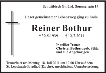 Traueranzeige von Reiner Bothur von Gmünder Tagespost