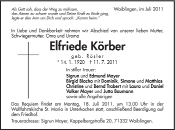 Traueranzeige von Elfriede Körber von Schwäbische Post