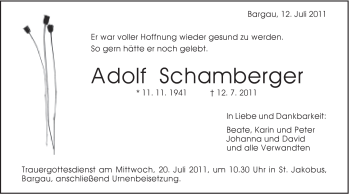 Traueranzeige von Adolf Schamberger von Gmünder Tagespost