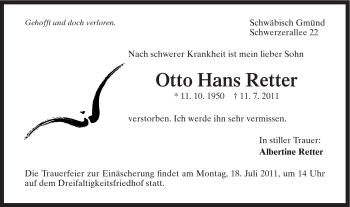 Traueranzeige von Otto Hans Retter von Gmünder Tagespost