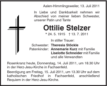 Traueranzeige von Ottilie Stelzer von Schwäbische Post