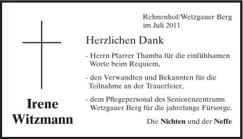 Traueranzeige von Irene Witzmann von Gmünder Tagespost