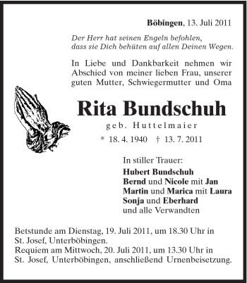 Traueranzeige von Rita Bundschuh von Gmünder Tagespost