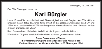 Traueranzeige von Karl Bürgler von Schwäbische Post