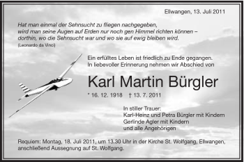 Traueranzeige von Karl Martin Bürgler von Schwäbische Post