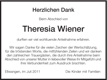 Traueranzeige von Theresia Wiener von Schwäbische Post