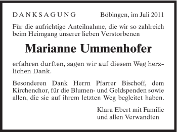 Traueranzeige von Marianne Ummenhofer von Gmünder Tagespost