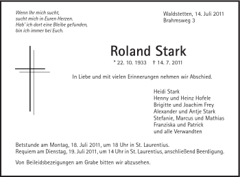Traueranzeige von Roland Stark von Gmünder Tagespost