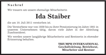 Traueranzeige von Ida Staiber von Gmünder Tagespost