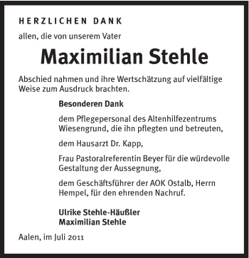 Traueranzeige von Maximilian Stehle von Schwäbische Post