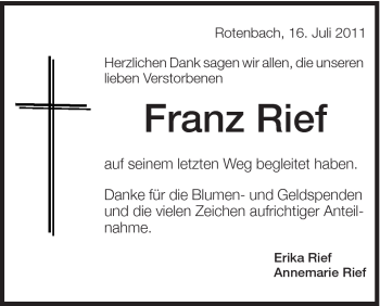 Traueranzeige von Franz Rief von Schwäbische Post