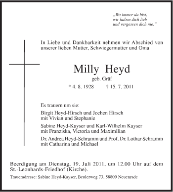 Traueranzeige von Milly Heyd von Gmünder Tagespost