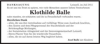 Traueranzeige von Klothilde Balle von Gmünder Tagespost